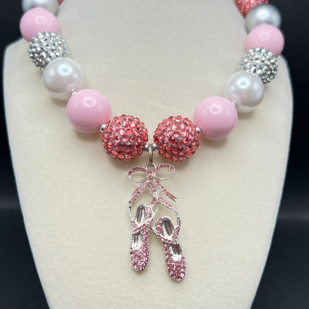 Bubblegum Bead Ballet Slippers Necklace Dance Pink White Rhinestones Kidcore